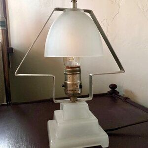 Antique Art Deco White Glass Lamp: Frosted Shade, Pyramid Base, Rewired, WORKS!